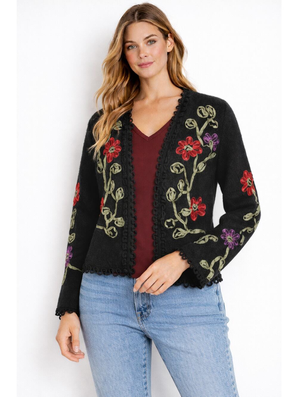 Carson Vintage Wool Floral Ribbon Open Cardigan Sweater Womens Medium Black Red